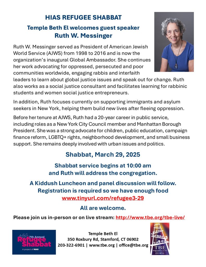 Refugee Shabbat with Ruth Messinger @ Temple Beth El